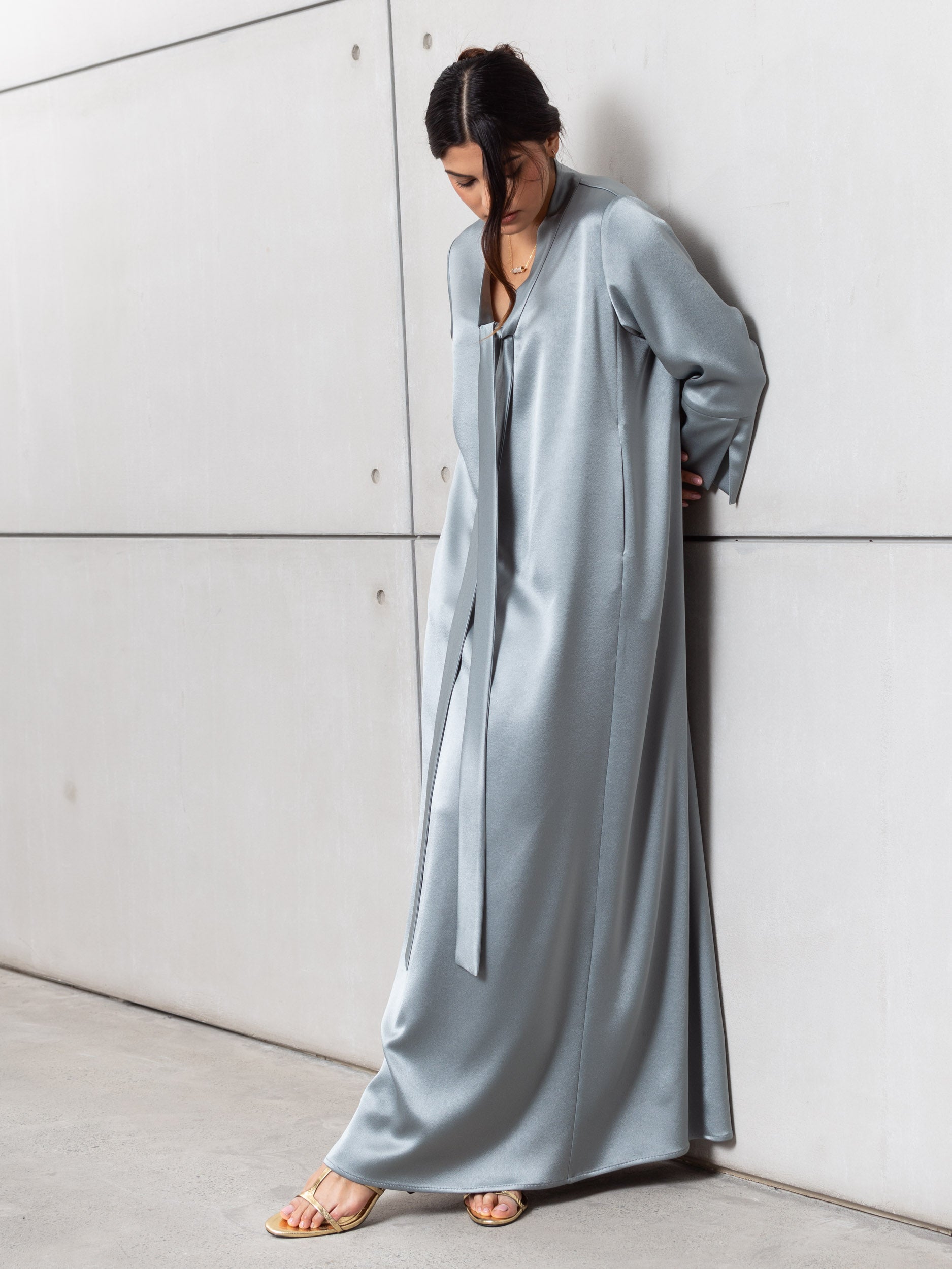 Drape Tie Kaftan in Steel Blue