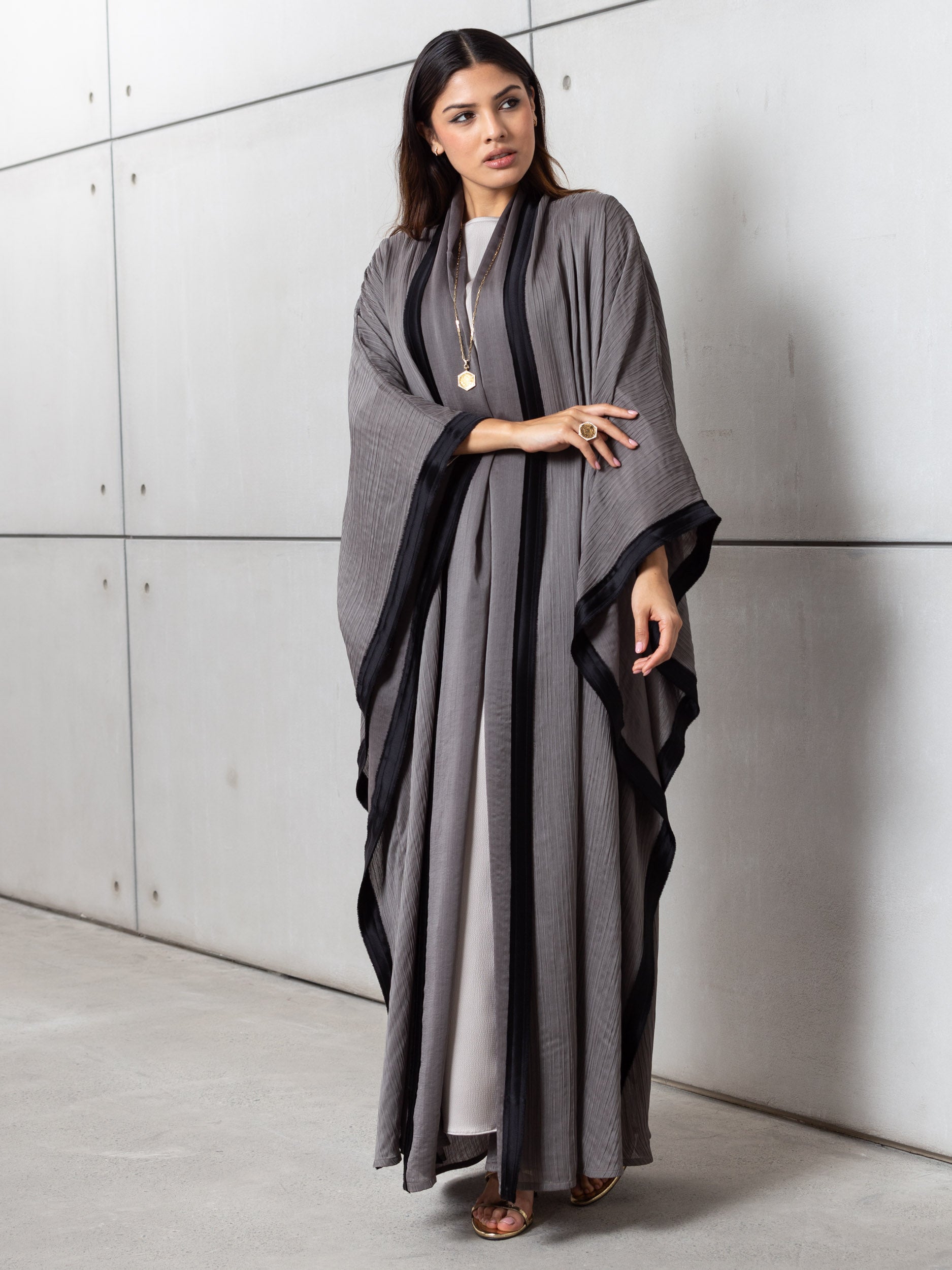 Flow Abaya in Olive with Black Satin Contrast