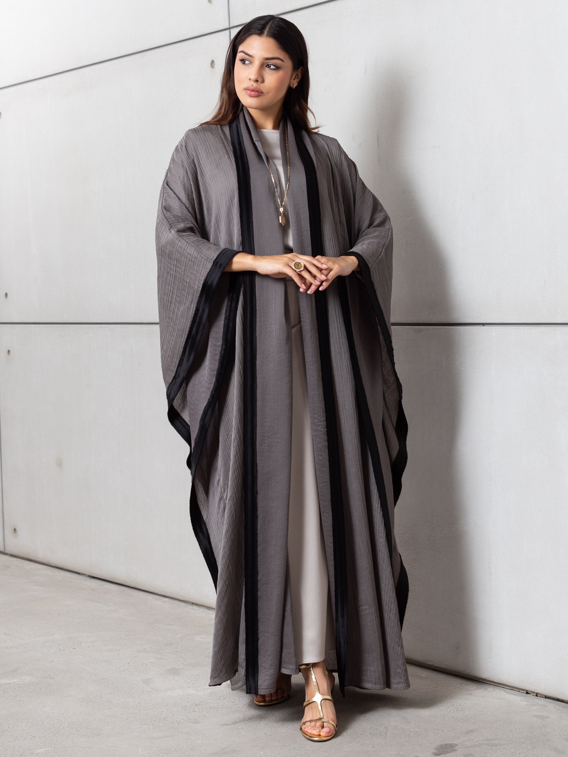 Flow Abaya in Olive with Black Satin Contrast