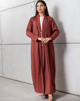 Tencel Twill Abaya in Brick with Japanese String Detail RTW