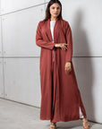 Tencel Twill Abaya in Brick with Japanese String Detail RTW