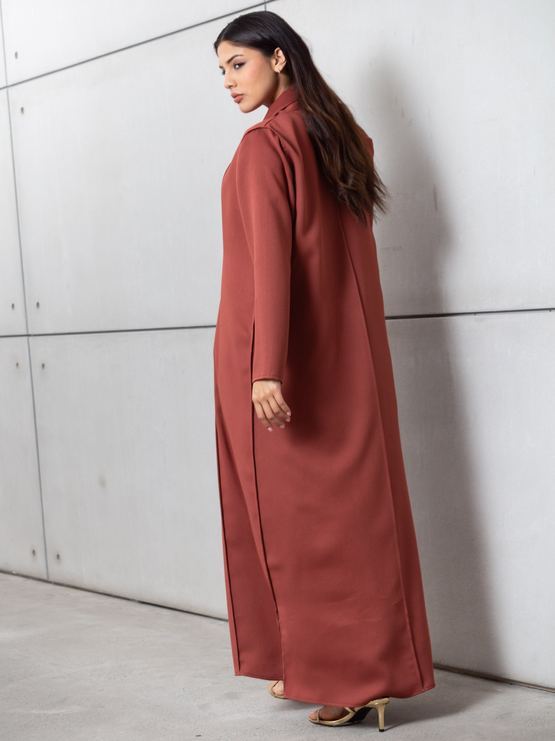 Tencel Twill Abaya in Brick with Japanese String Detail RTW