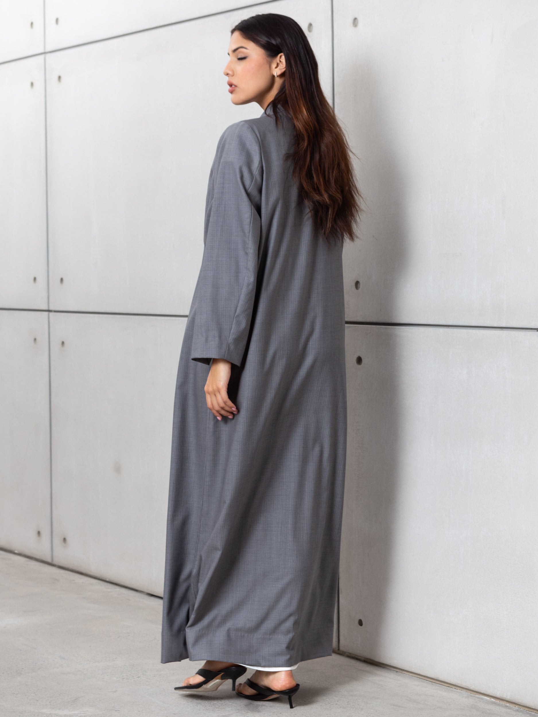 Suit Fitted Abaya in Light Pin Stripe Grey