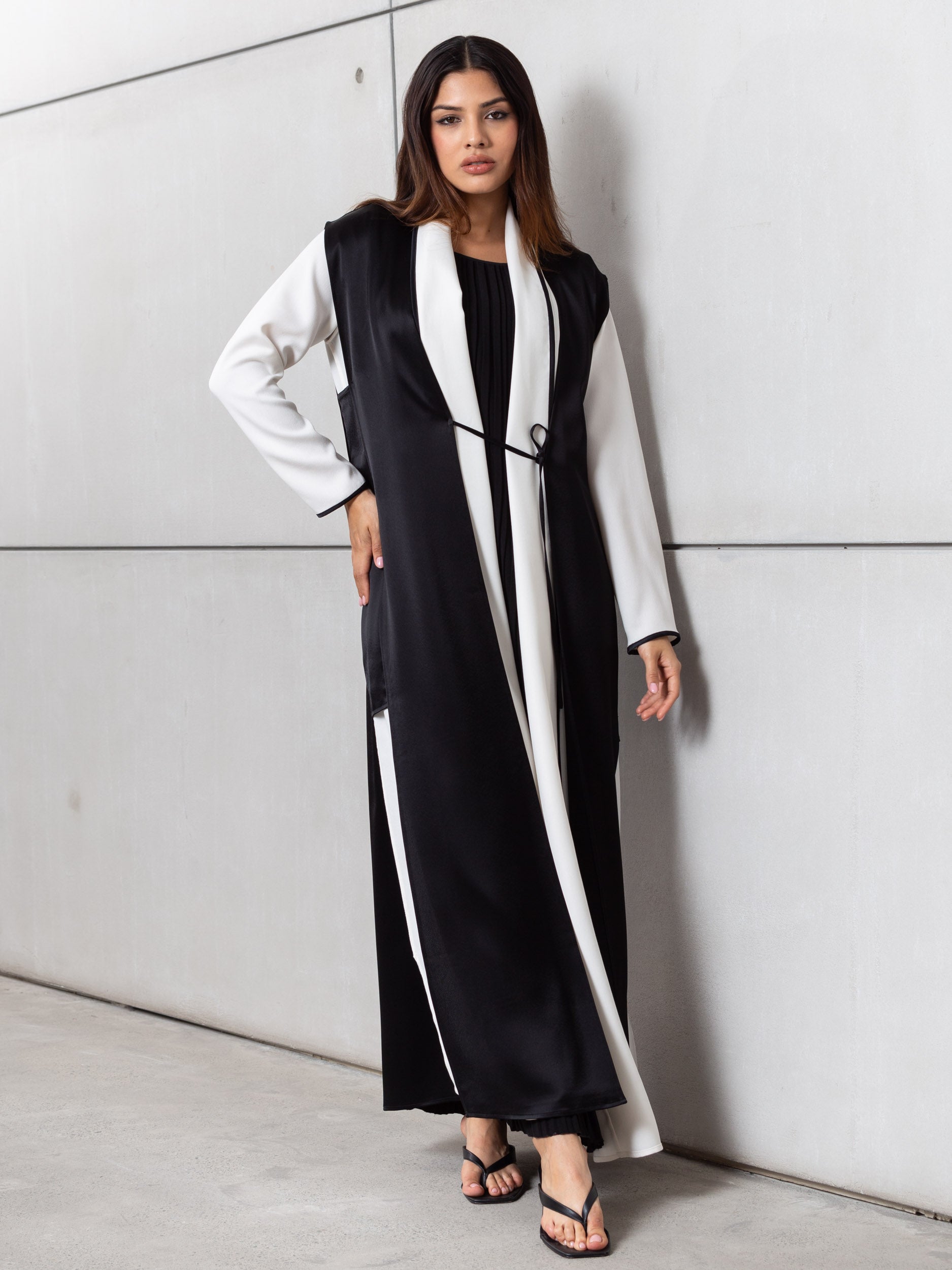 Set : Tencel Twill Abaya in Ivory with Black Cardigan