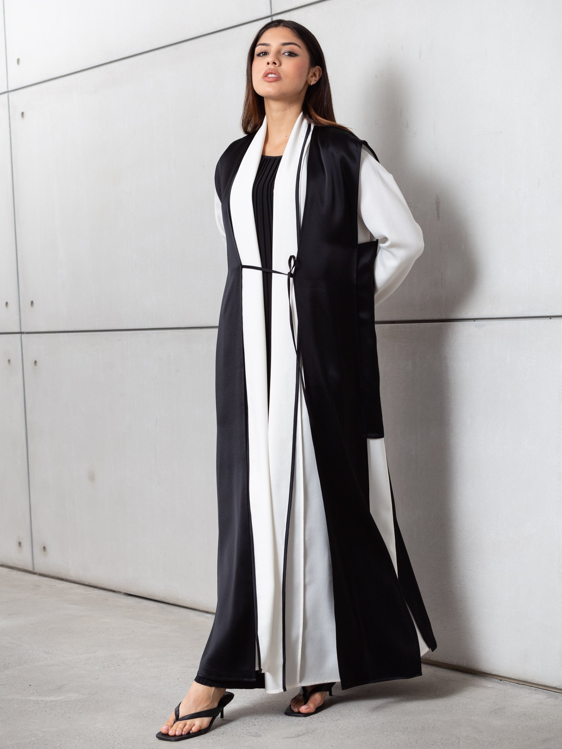 Set : Tencel Twill Abaya in Ivory with Black Cardigan