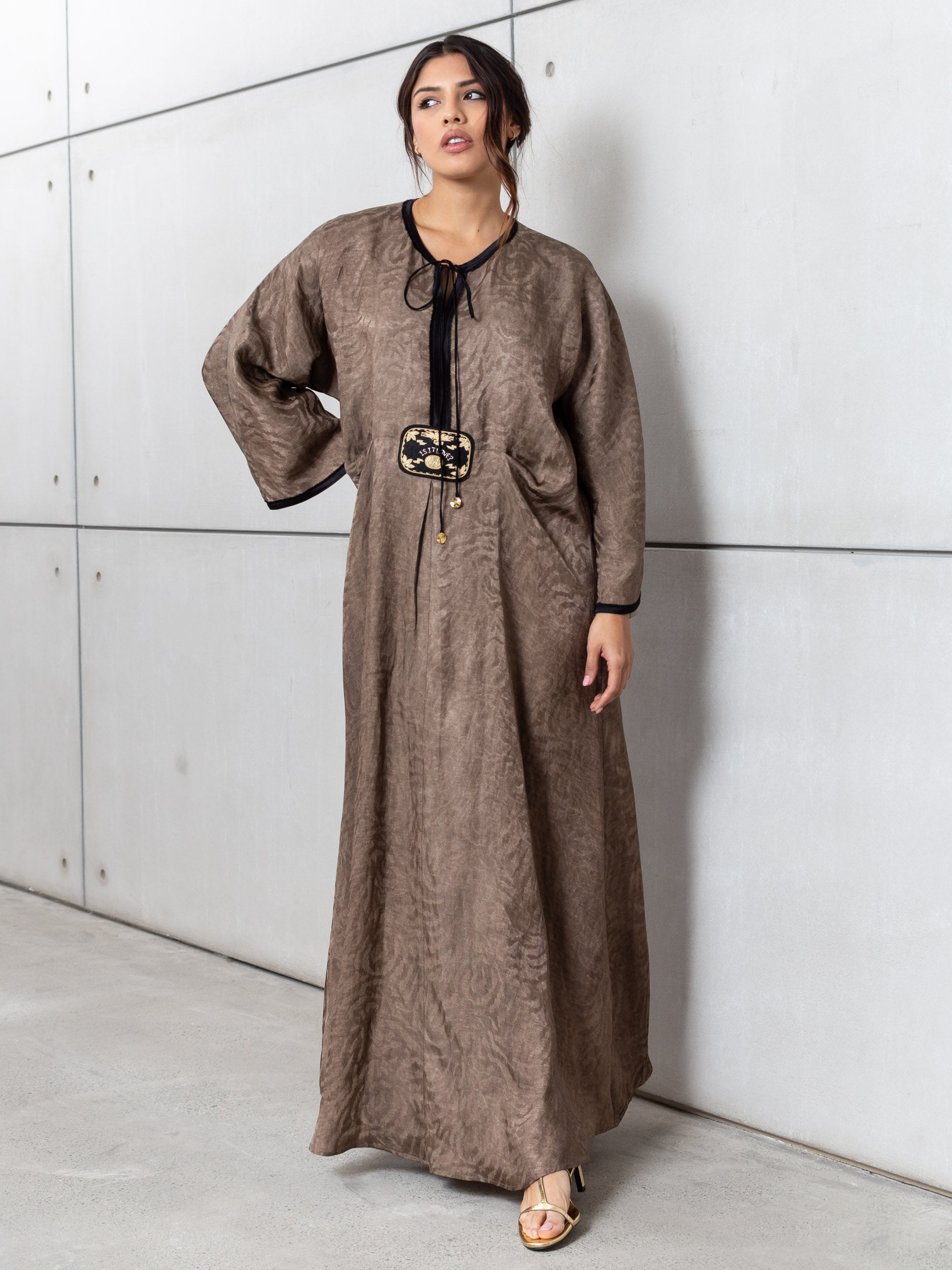 Patterned Kaftan with Tie Neck in Brown RTW