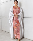 Silk Kaftan in Light Silver Gray with Pink Floral Panel RTW