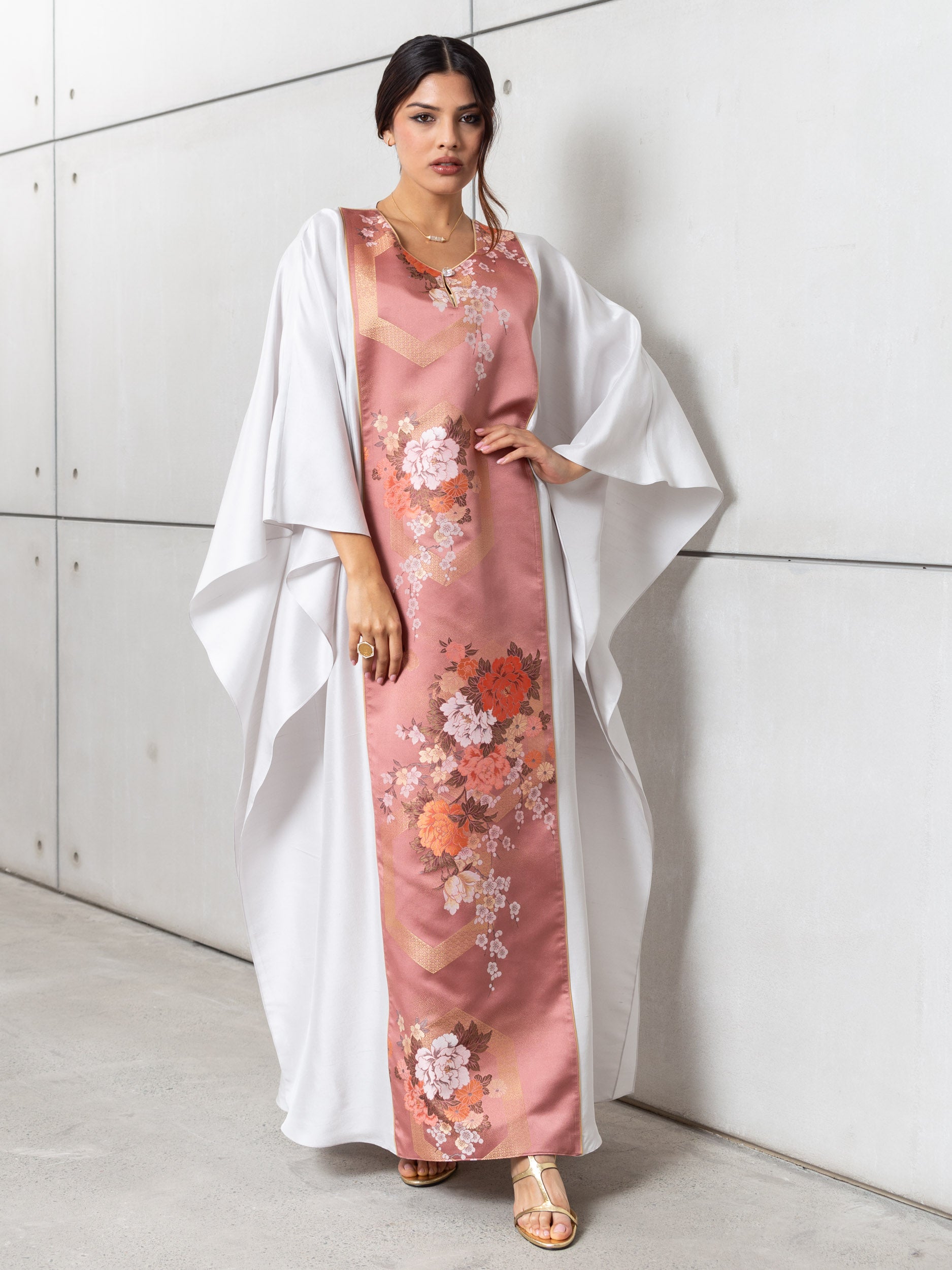 Silk Kaftan in Light Silver Gray with Pink Floral Panel RTW