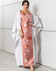 Silk Kaftan in Light Silver Gray with Pink Floral Panel RTW