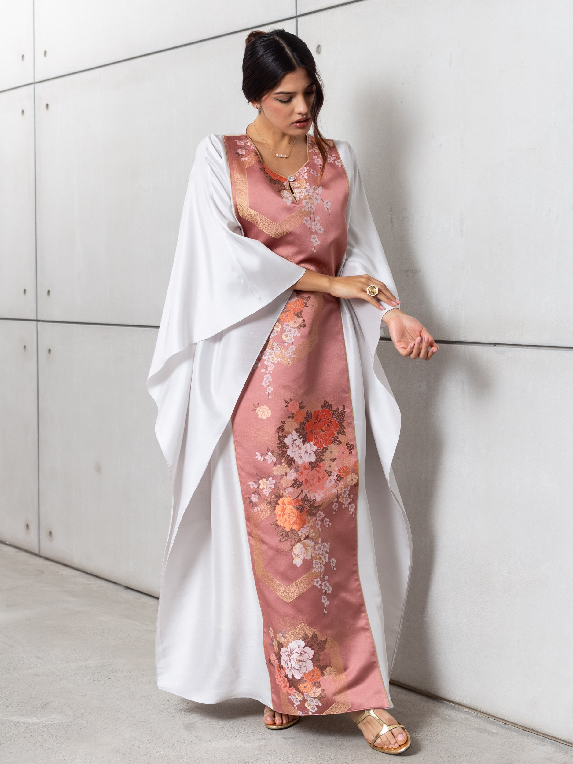 Silk Kaftan in Light Silver Gray with Pink Floral Panel RTW