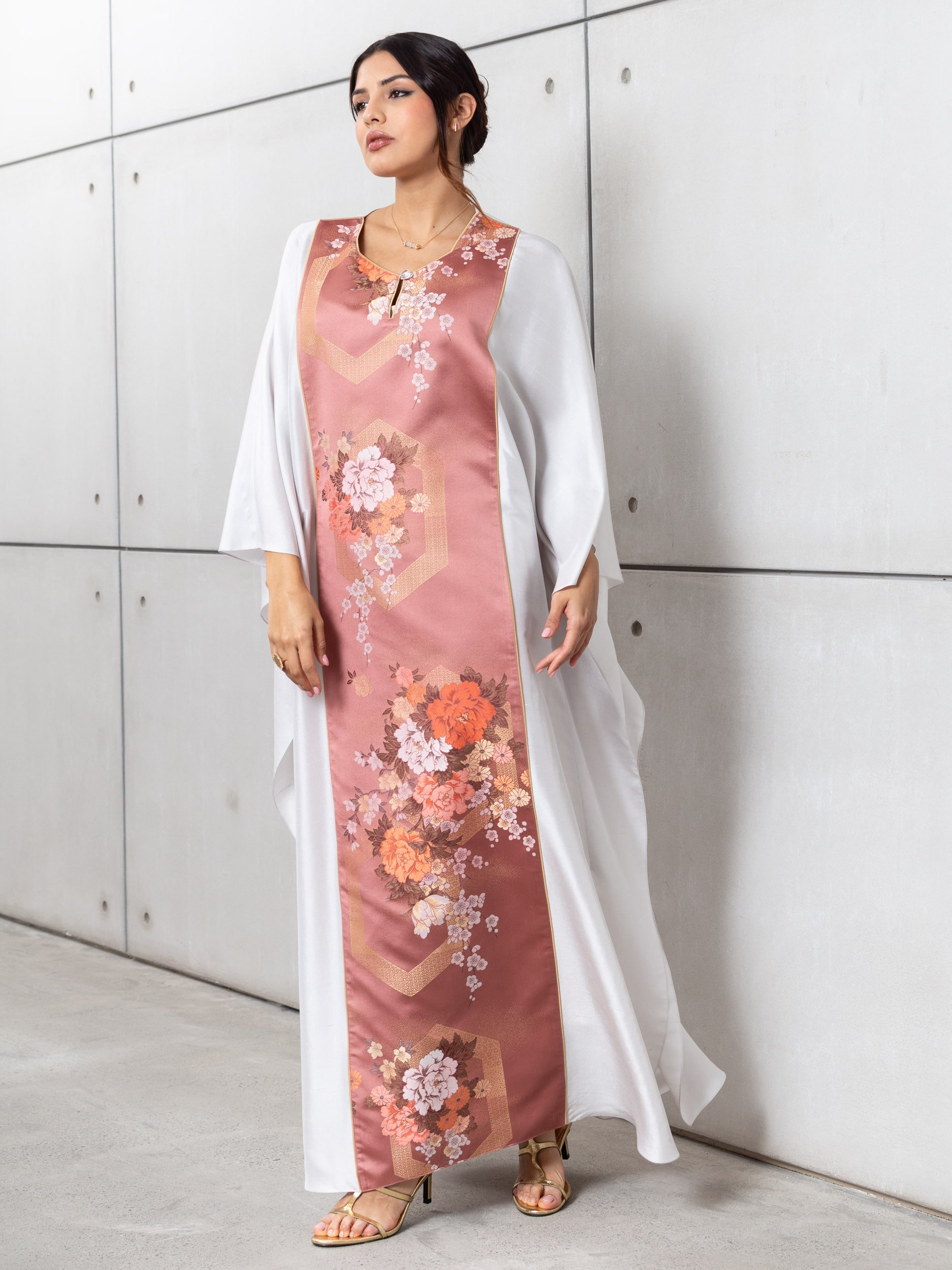 Silk Kaftan in Light Silver Gray with Pink Floral Panel RTW