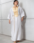 Silk Kaftan in Light Silver Gray with Gold Embroidery