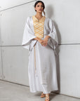 Silk Kaftan in Light Silver Gray with Gold Embroidery