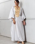 Silk Kaftan in Light Silver Gray with Gold Embroidery