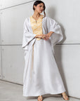 Silk Kaftan in Light Silver Gray with Gold Embroidery