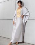 Silk Kaftan in Light Silver Gray with Gold Embroidery