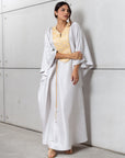 Silk Kaftan in Light Silver Gray with Gold Embroidery