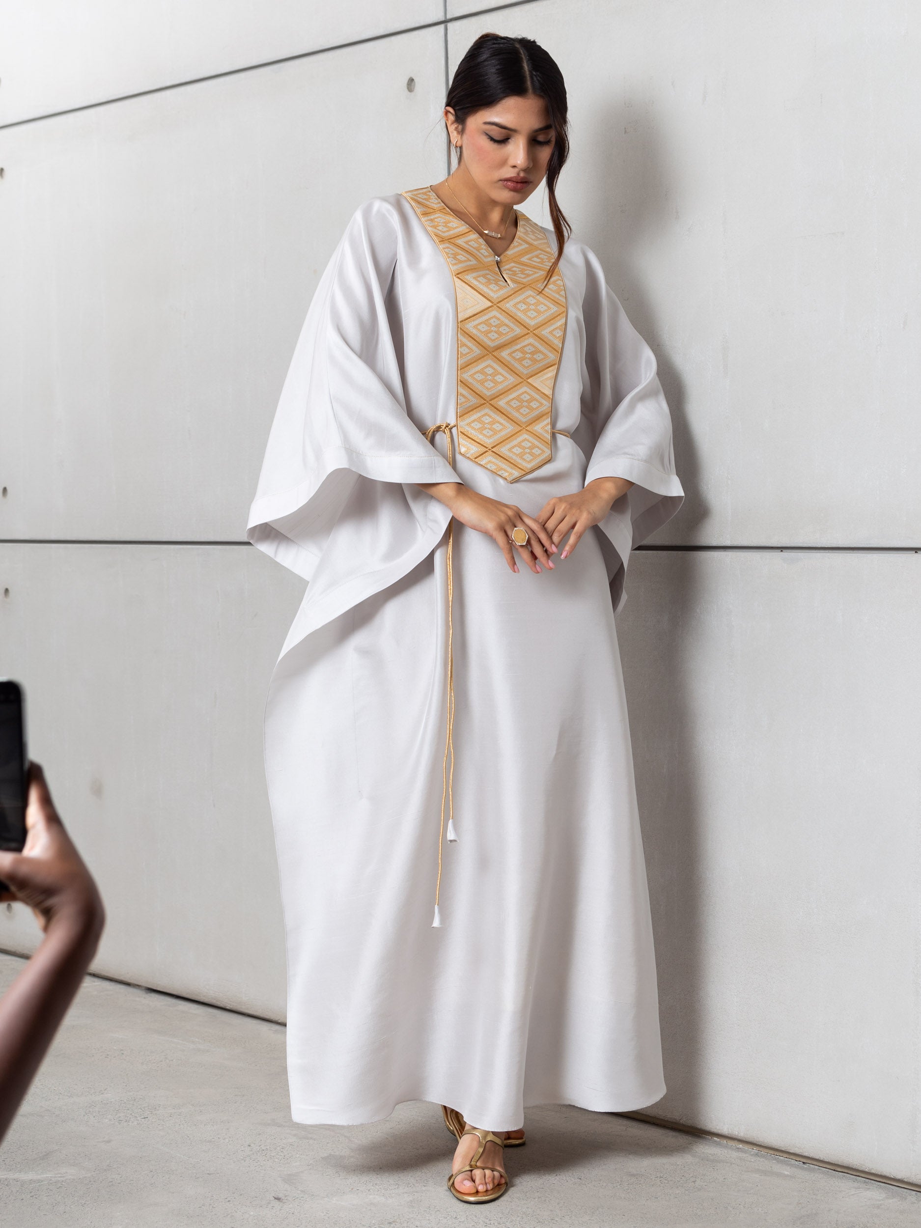 Silk Kaftan in Light Silver Gray with Gold Embroidery