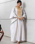 Silk Kaftan in Light Silver Gray with Gold Embroidery