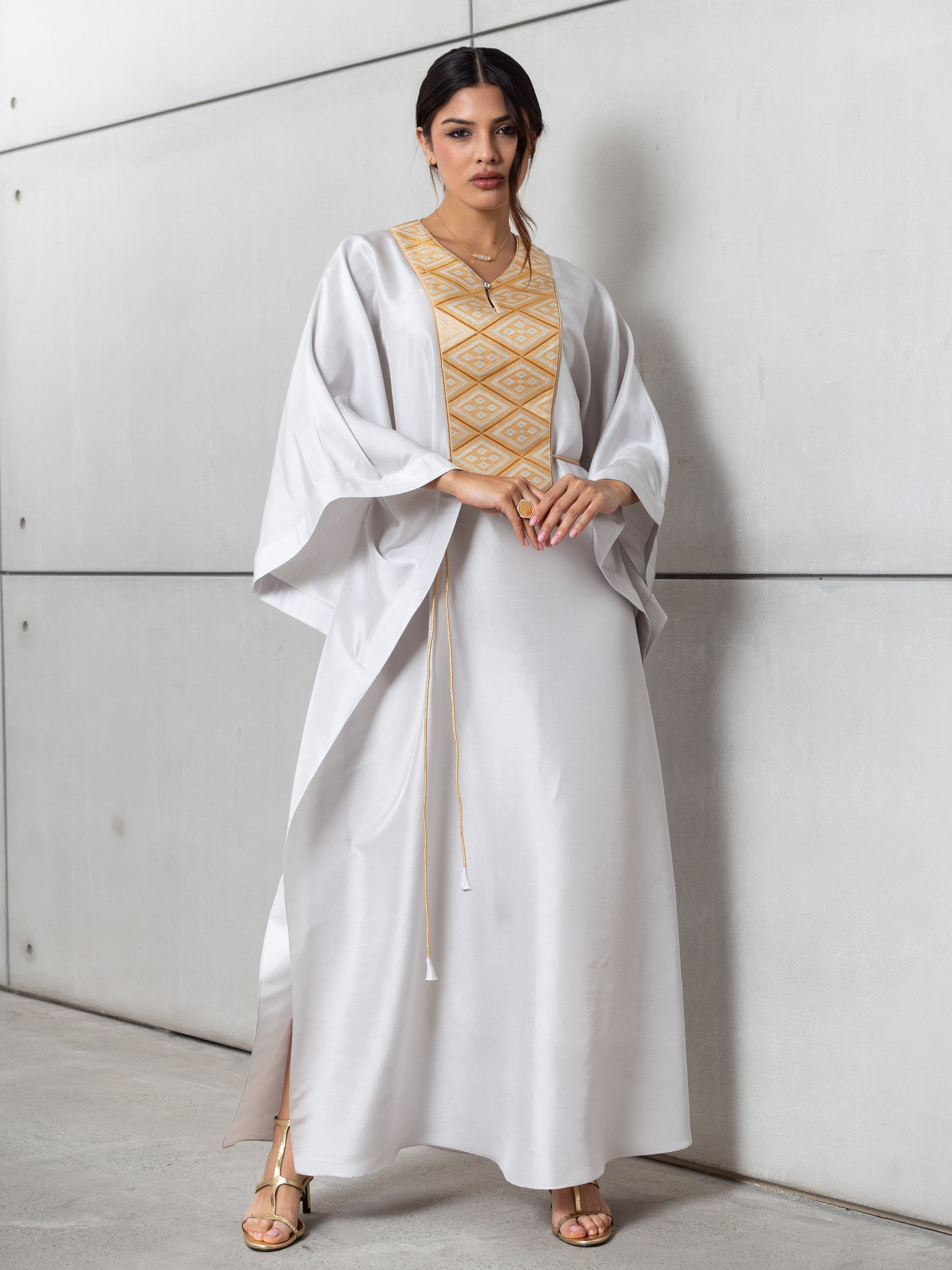 Silk Kaftan in Light Silver Gray with Gold Embroidery