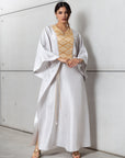 Silk Kaftan in Light Silver Gray with Gold Embroidery