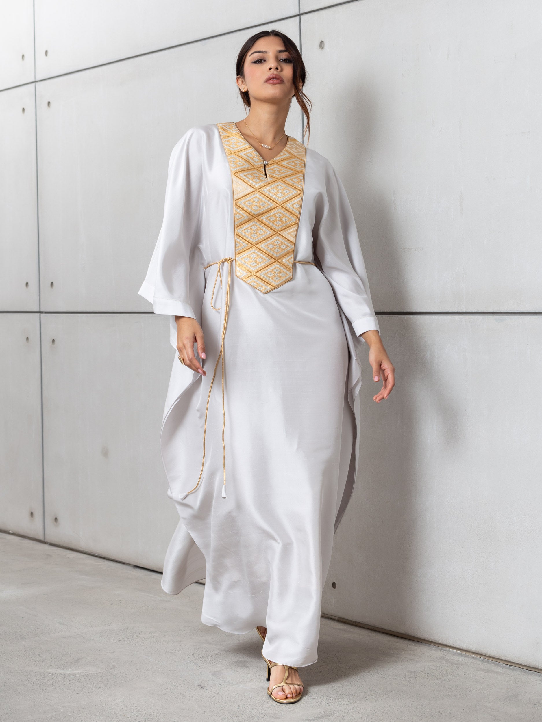 Silk Kaftan in Light Silver Gray with Gold Embroidery