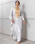 Silk Kaftan in Light Silver Gray with Gold Embroidery