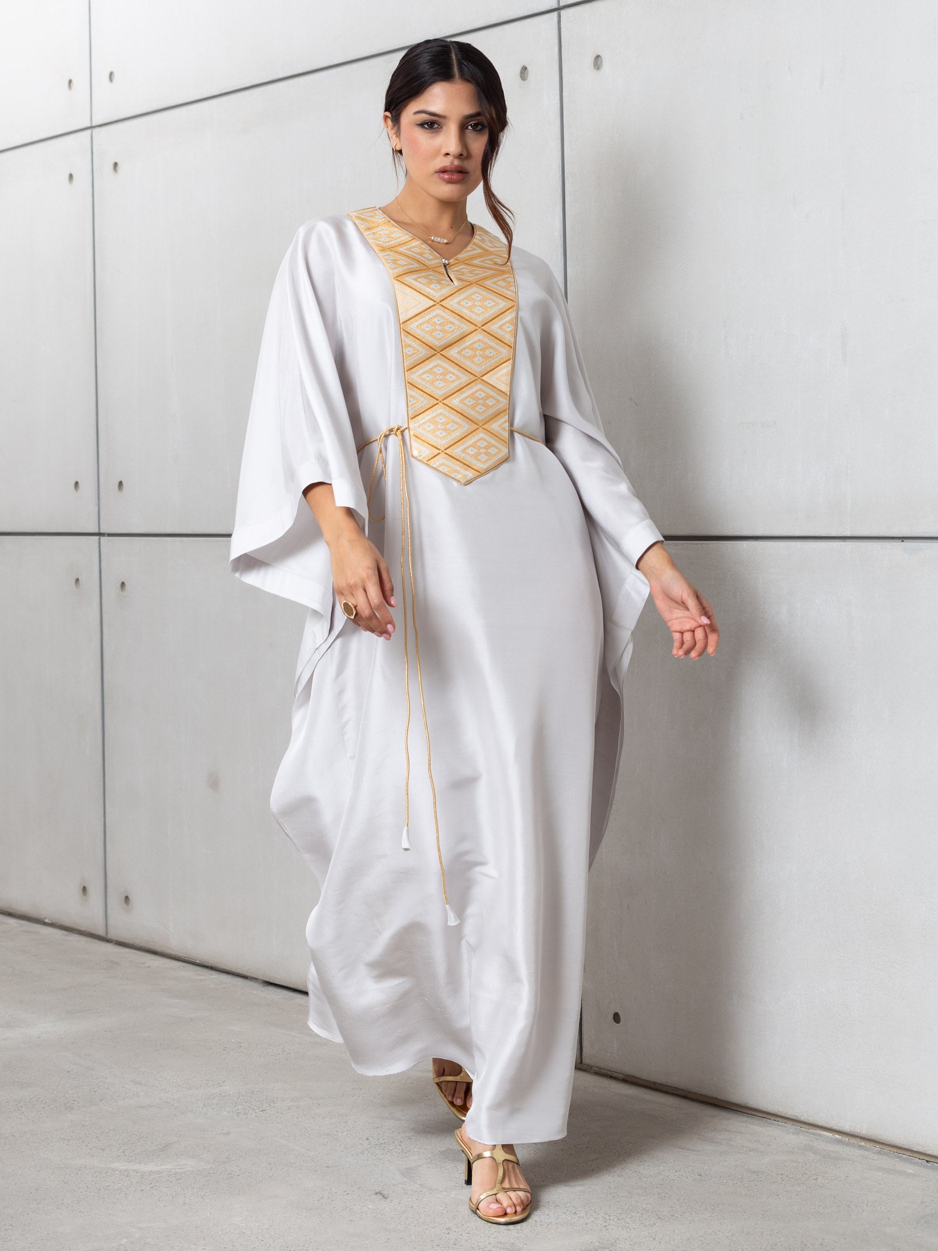 Silk Kaftan in Light Silver Gray with Gold Embroidery