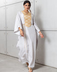 Silk Kaftan in Light Silver Gray with Gold Embroidery