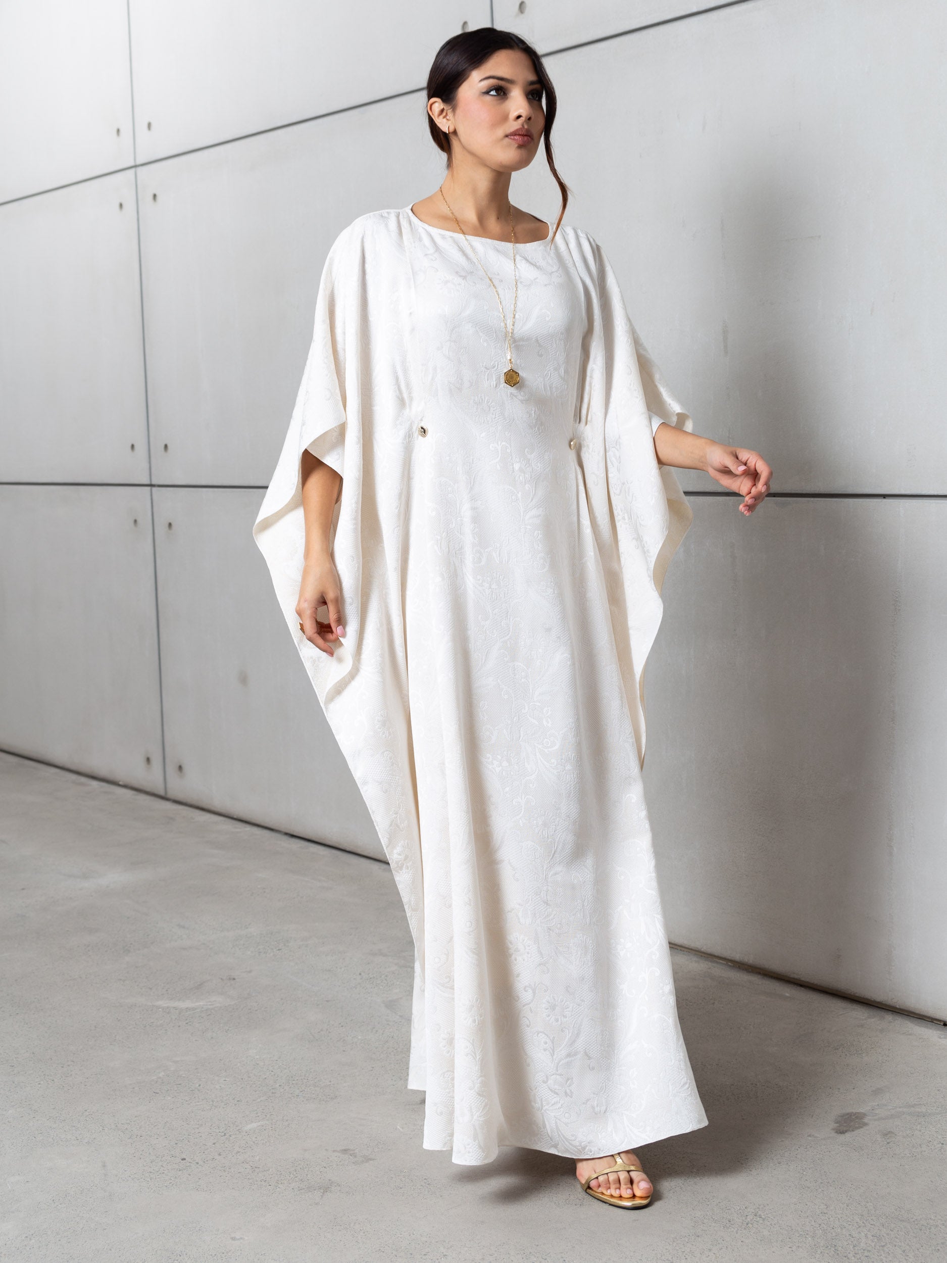 Flow Kaftan in Ivory with Gold Button Detail RTW