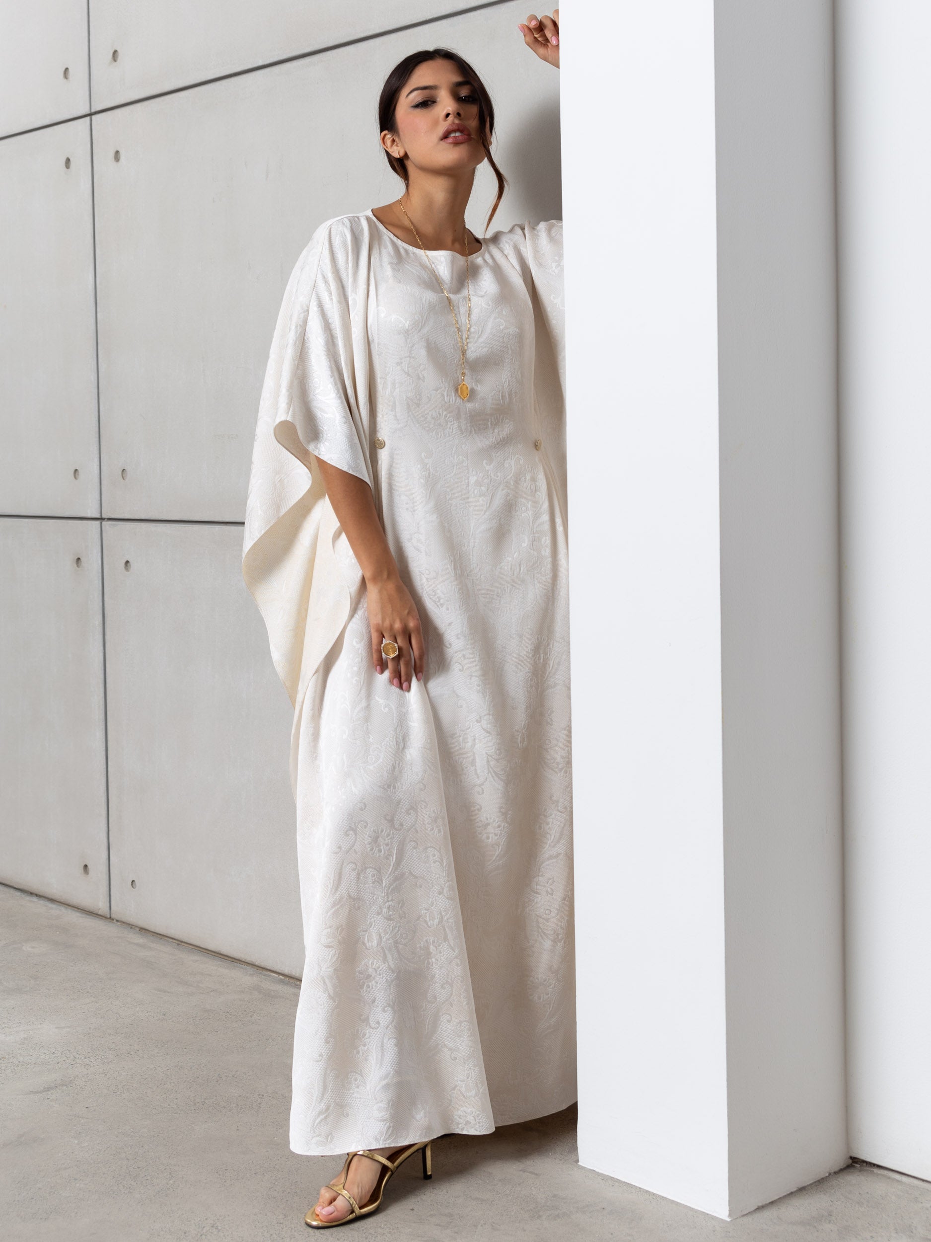 Flow Kaftan in Ivory with Gold Button Detail RTW