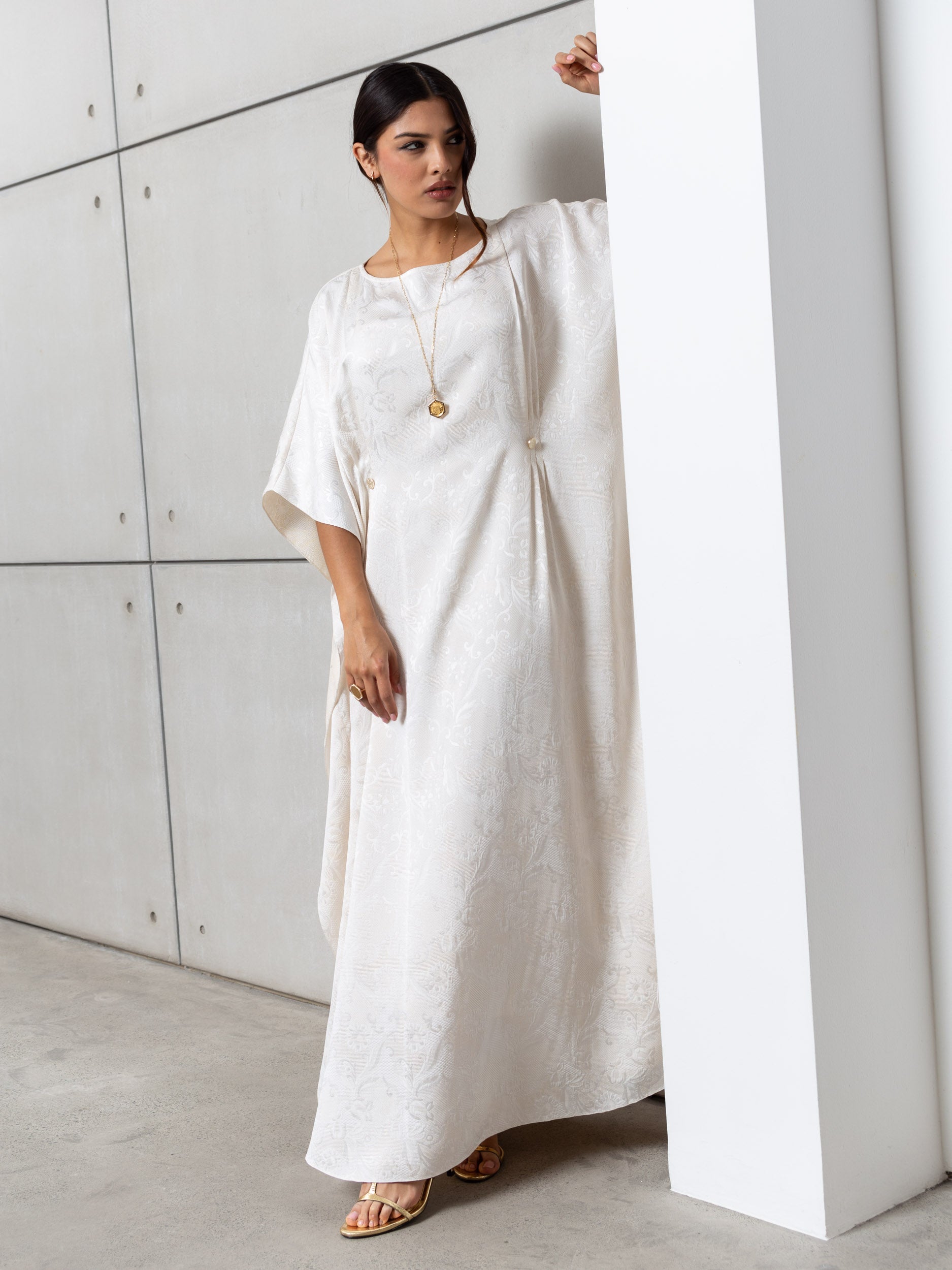 Flow Kaftan in Ivory with Gold Button Detail RTW