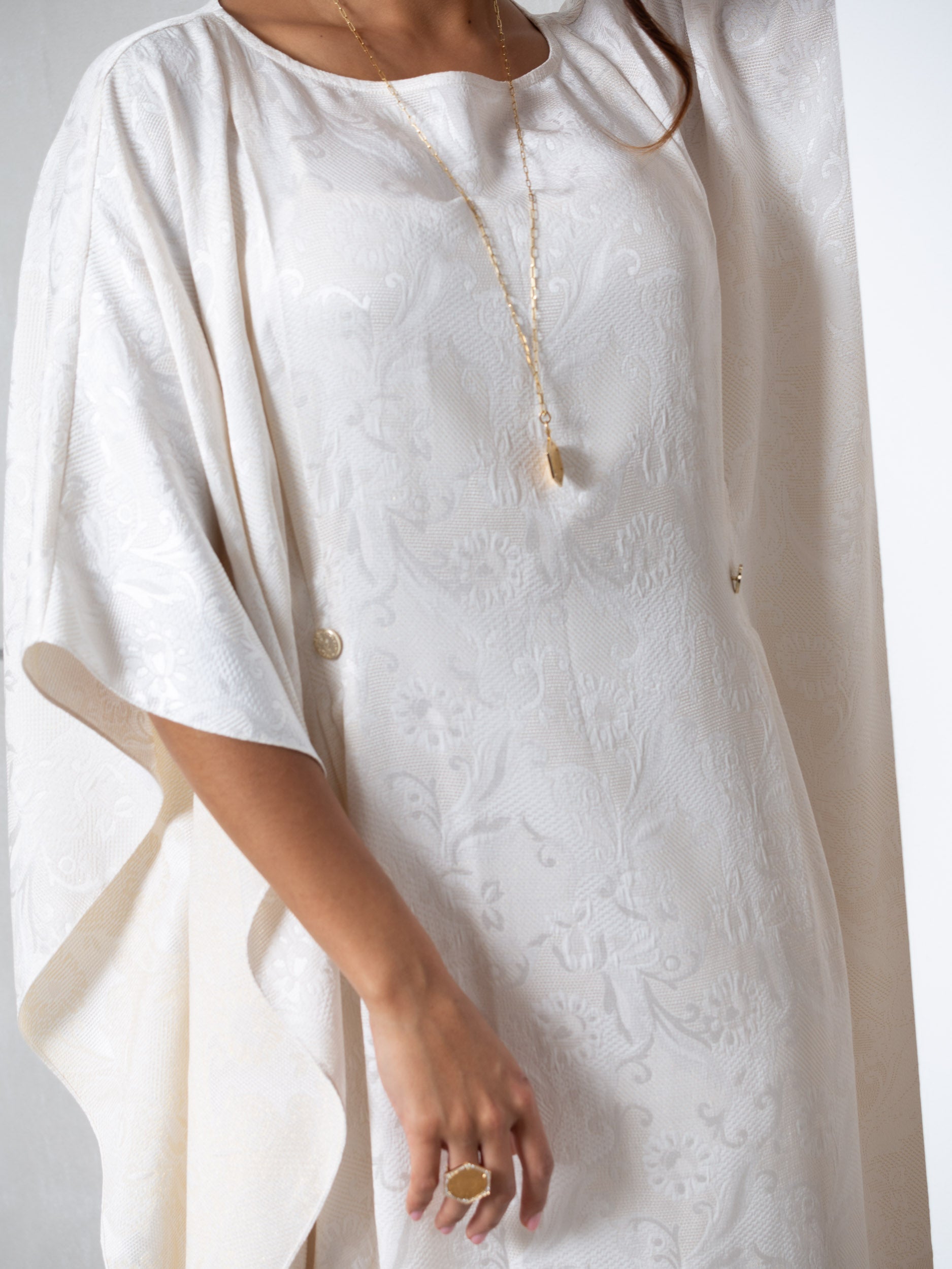 Flow Kaftan in Ivory with Gold Button Detail RTW