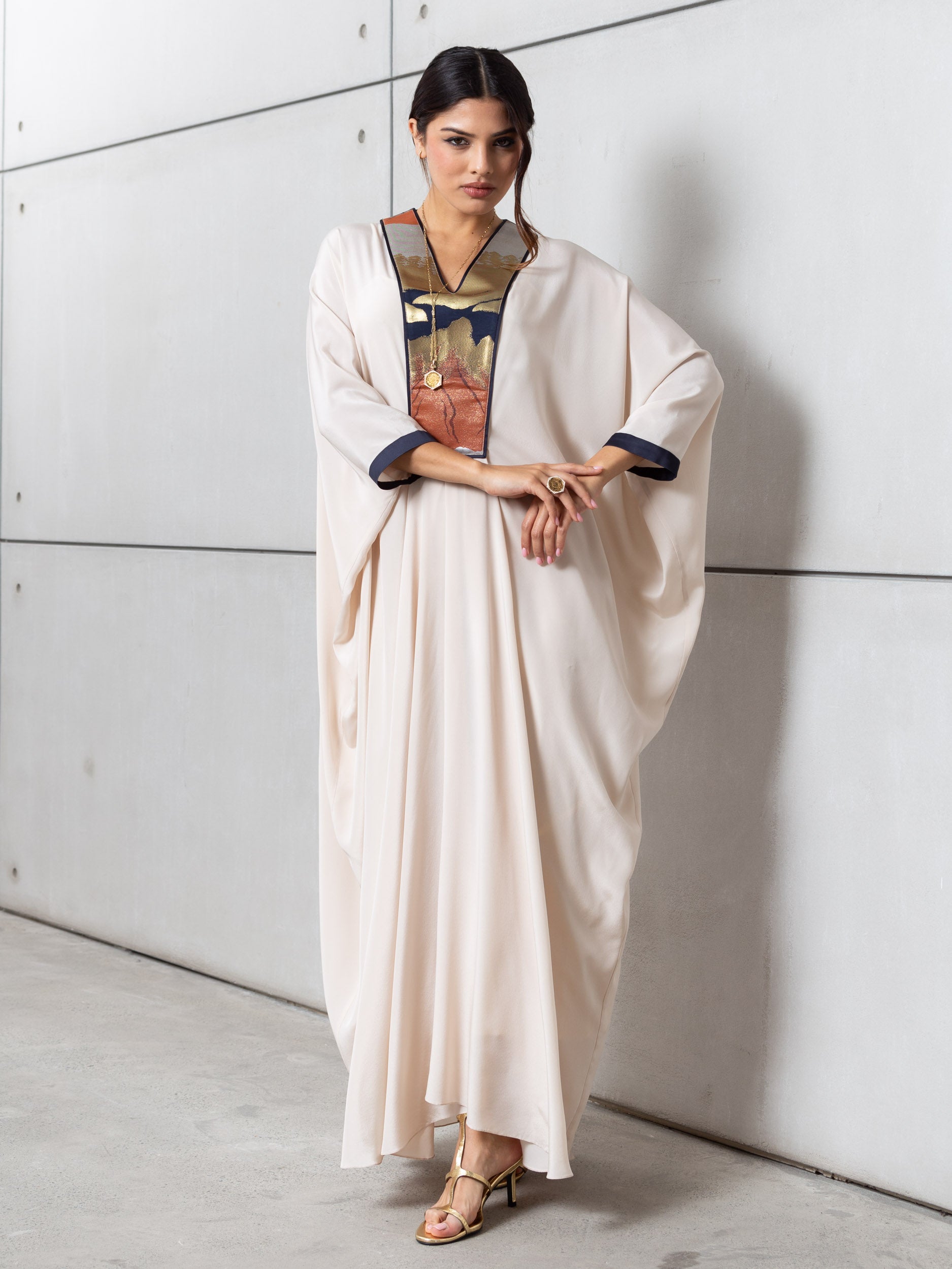 Art Deco Silk Kaftan in Creme