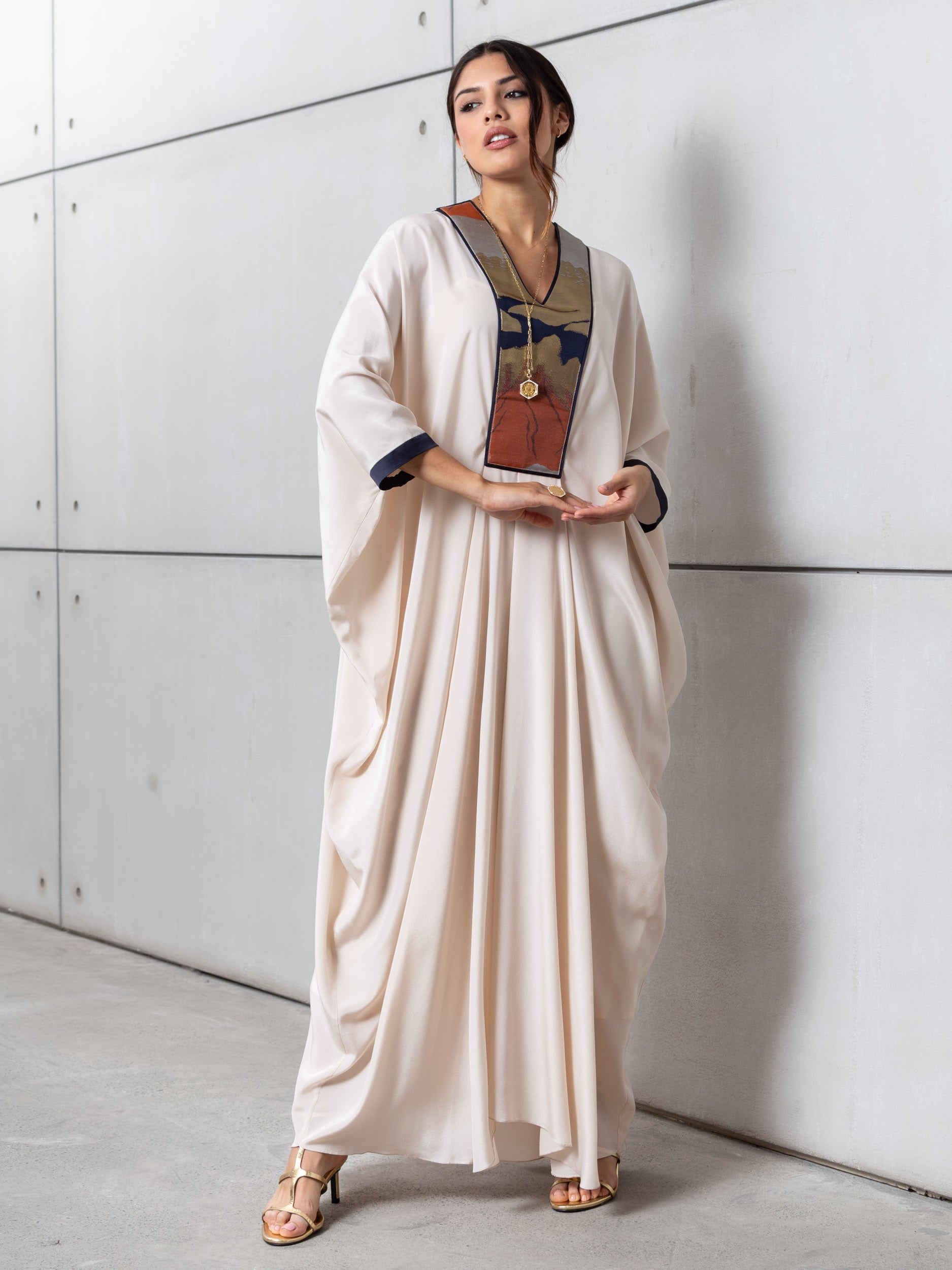 Art Deco Silk Kaftan in Creme