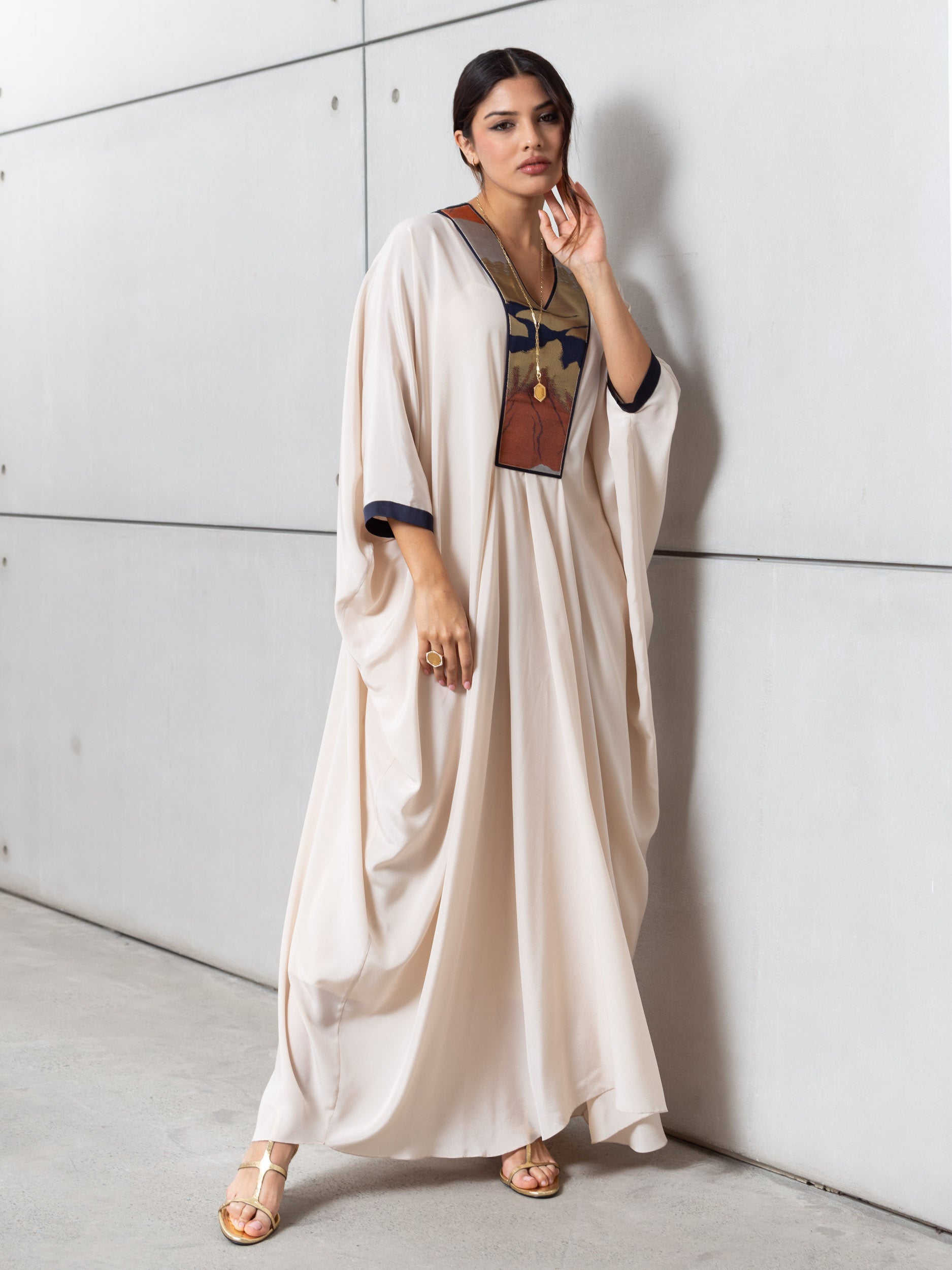 Art Deco Silk Kaftan in Creme