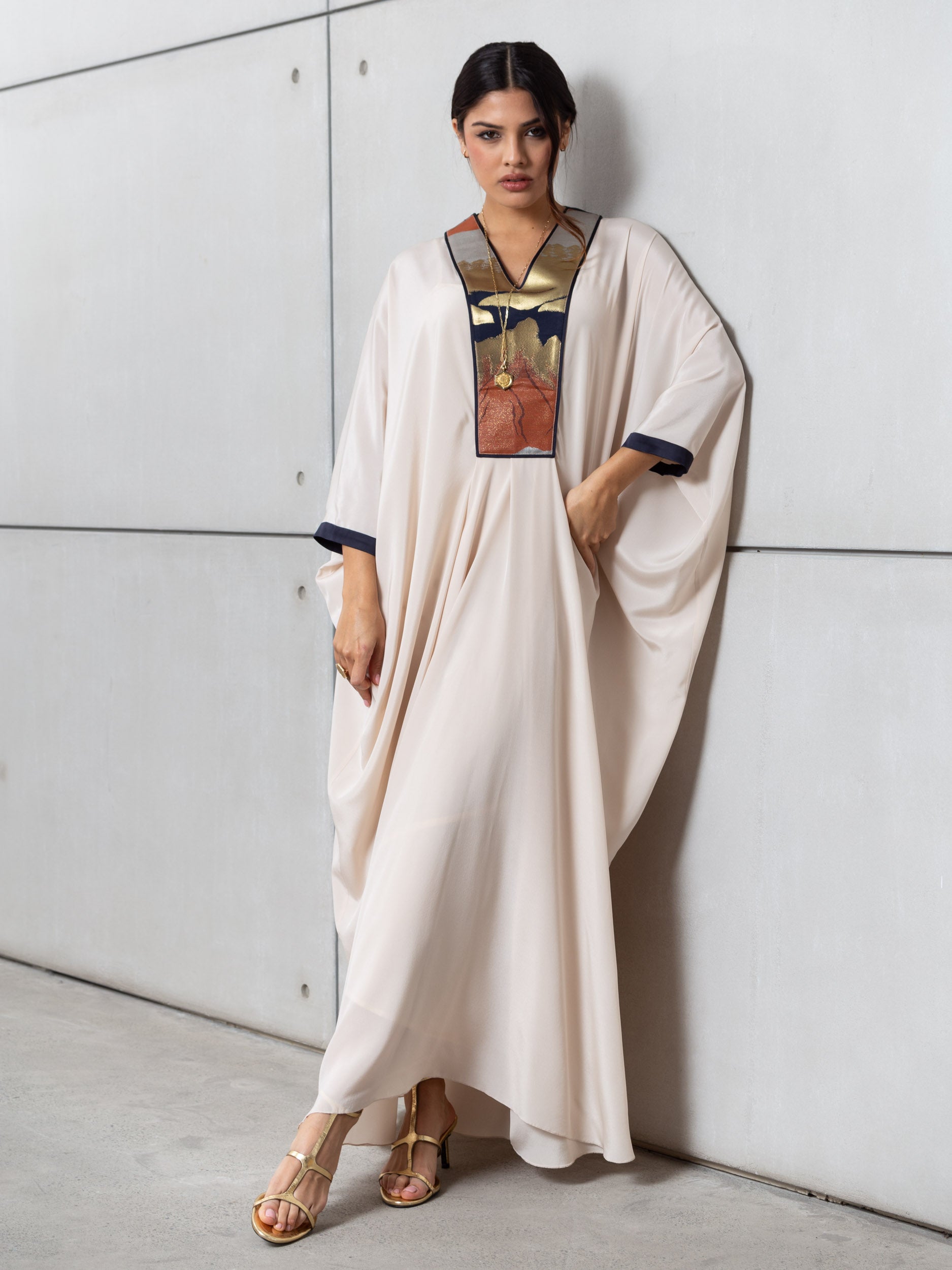 Art Deco Silk Kaftan in Creme