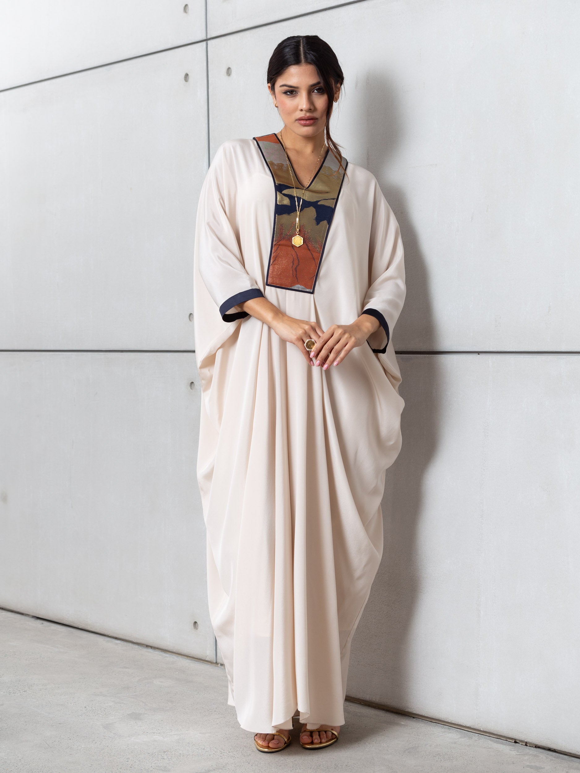 Art Deco Silk Kaftan in Creme