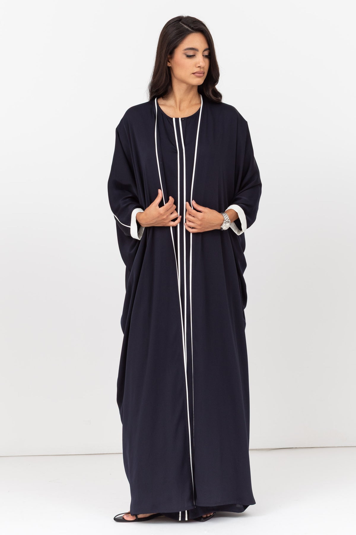 Butterfly Abaya in Navy Blue with Off White Details RTW