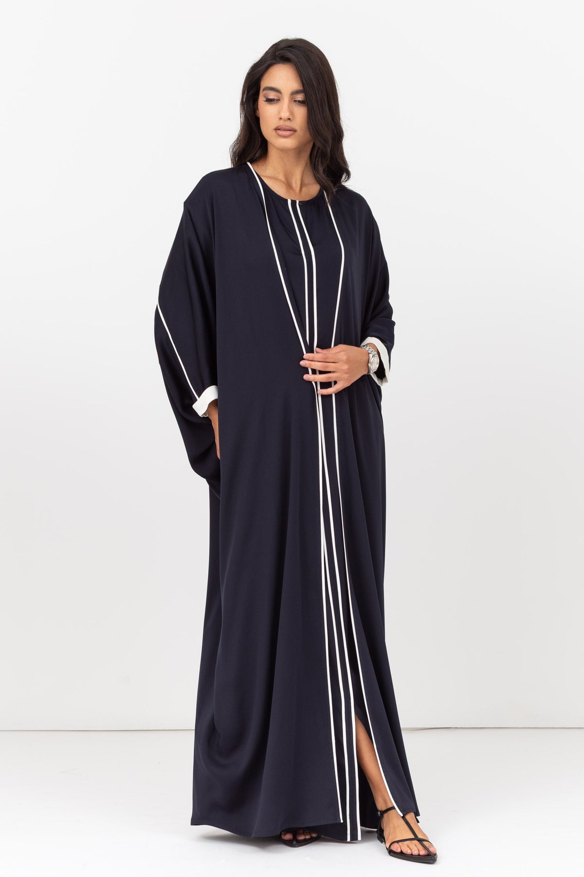 Butterfly Abaya in Navy Blue with Off White Details RTW