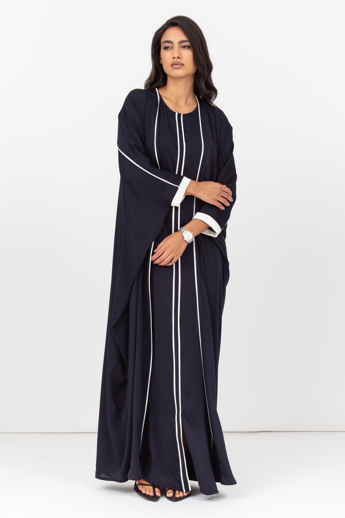Butterfly Abaya in Navy Blue with Off White Details RTW