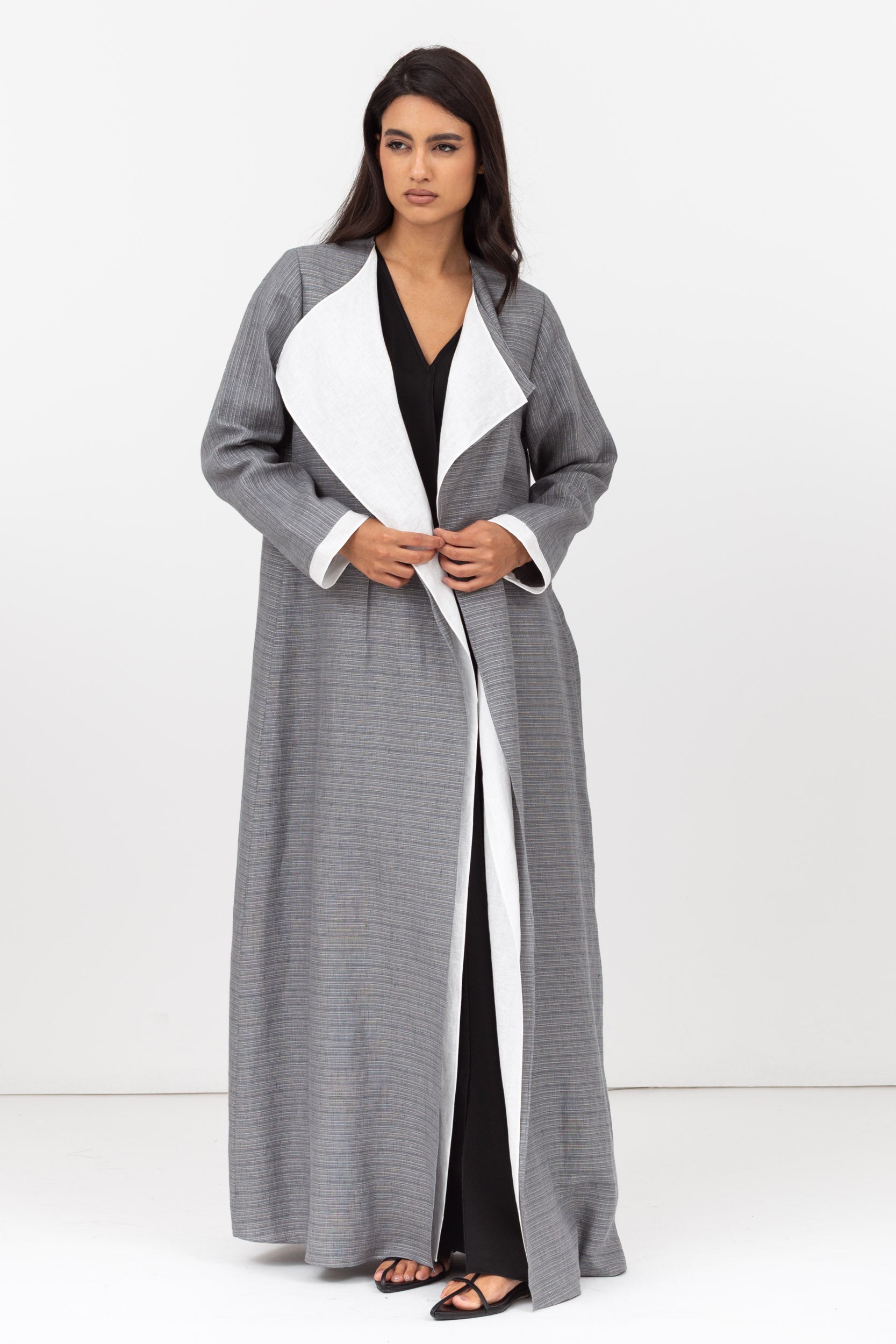 Loose Double Collar Linen Abaya in Grey