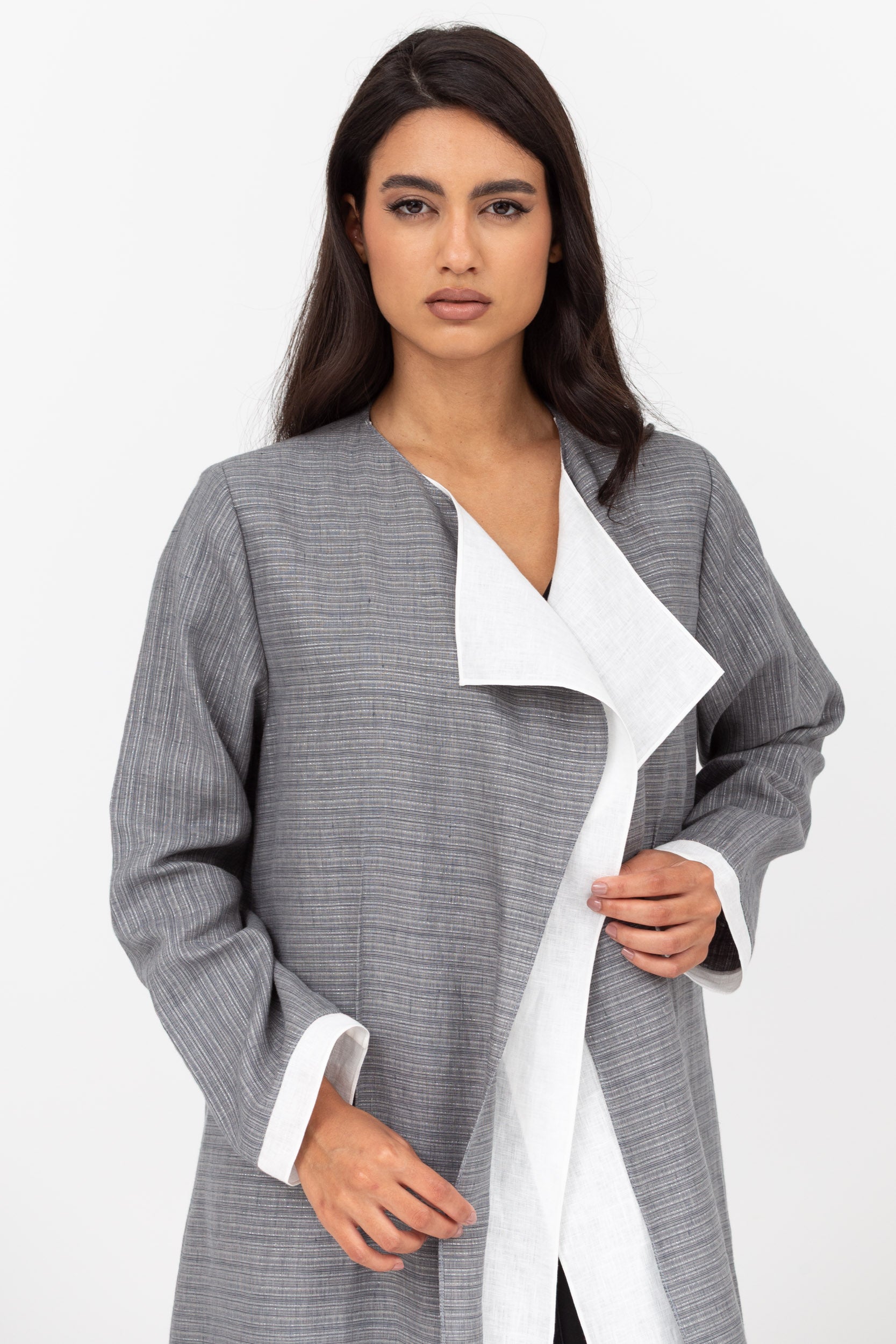 Loose Double Collar Linen Abaya in Grey