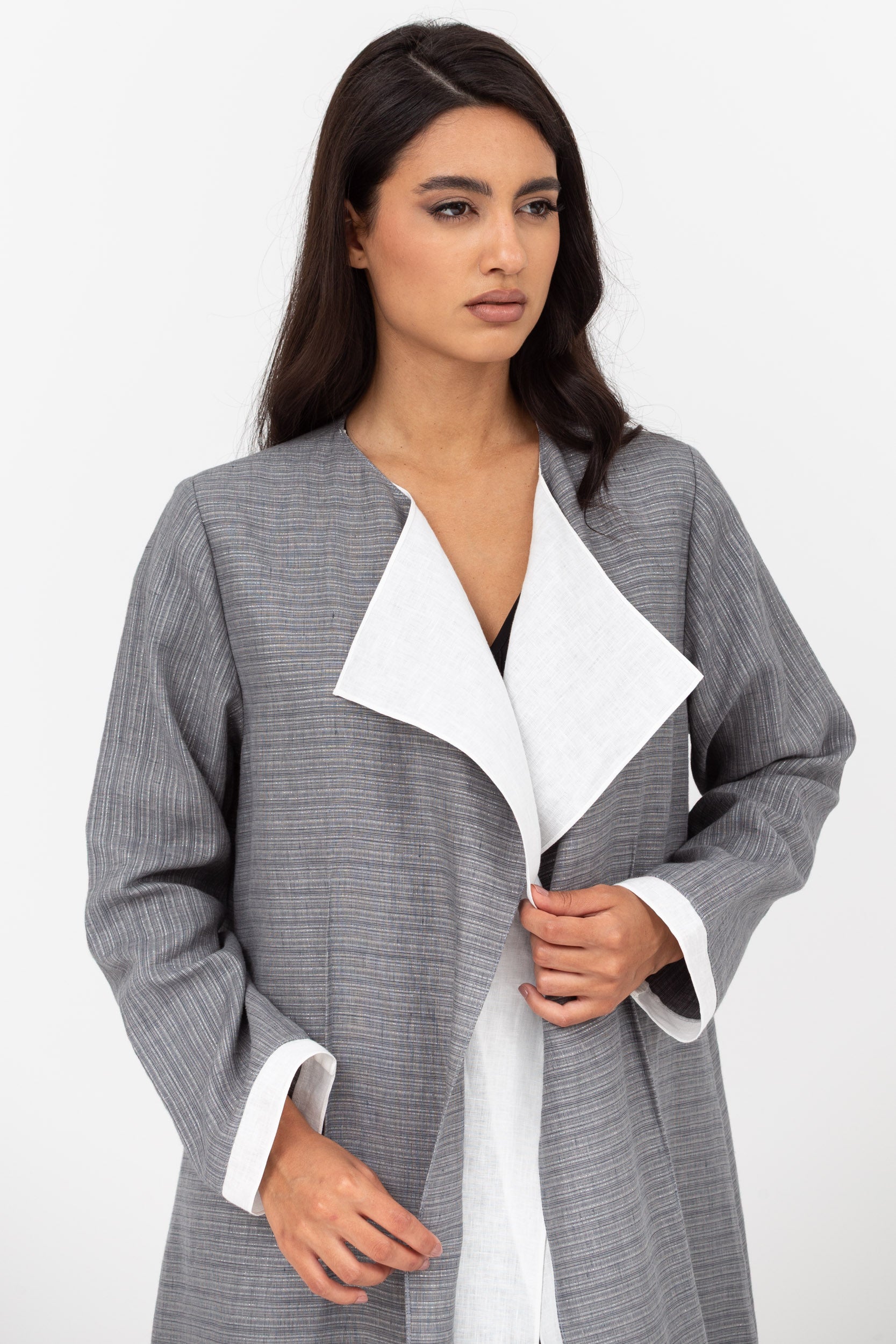 Loose Double Collar Linen Abaya in Grey
