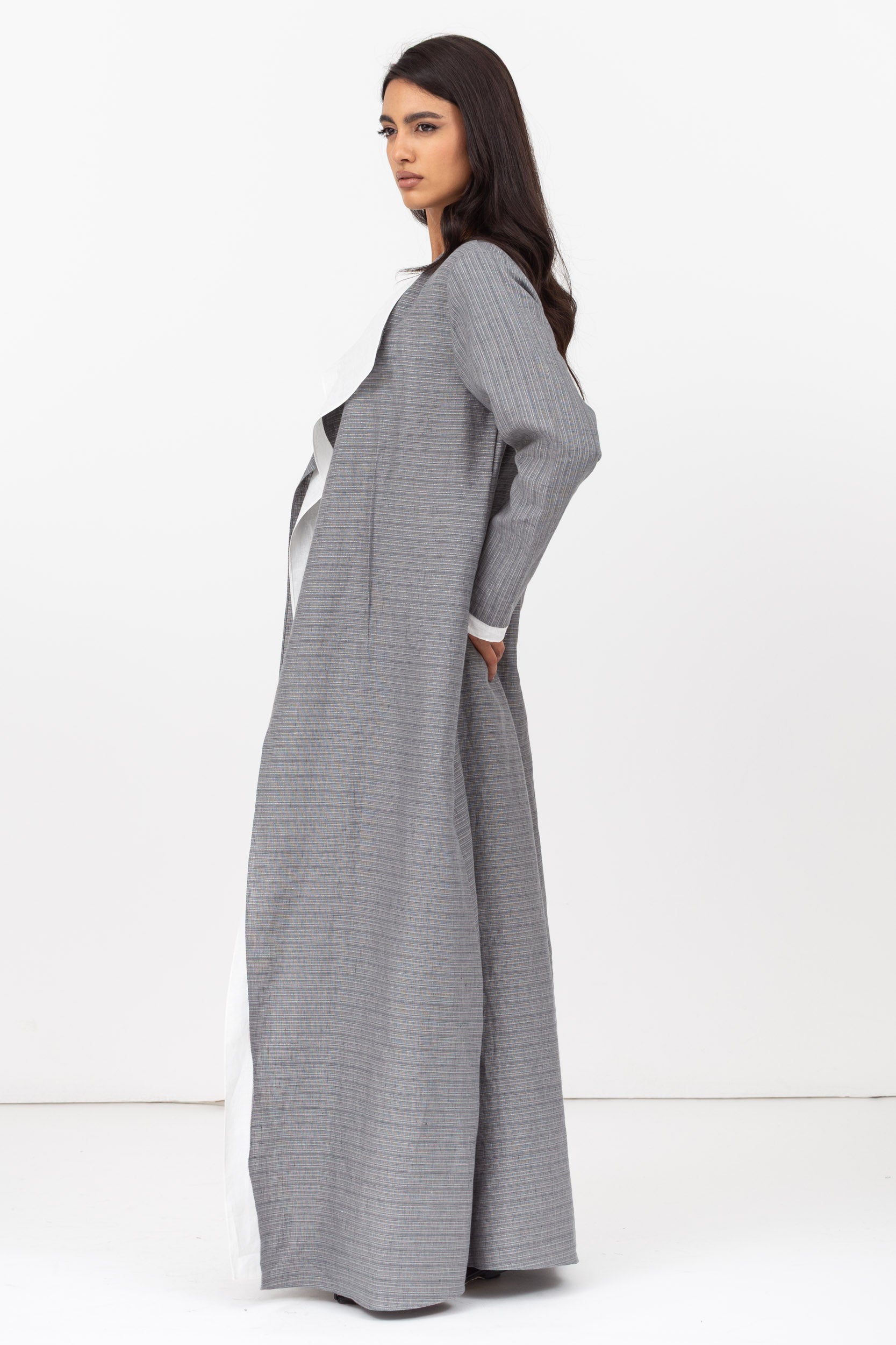 Loose Double Collar Linen Abaya in Grey
