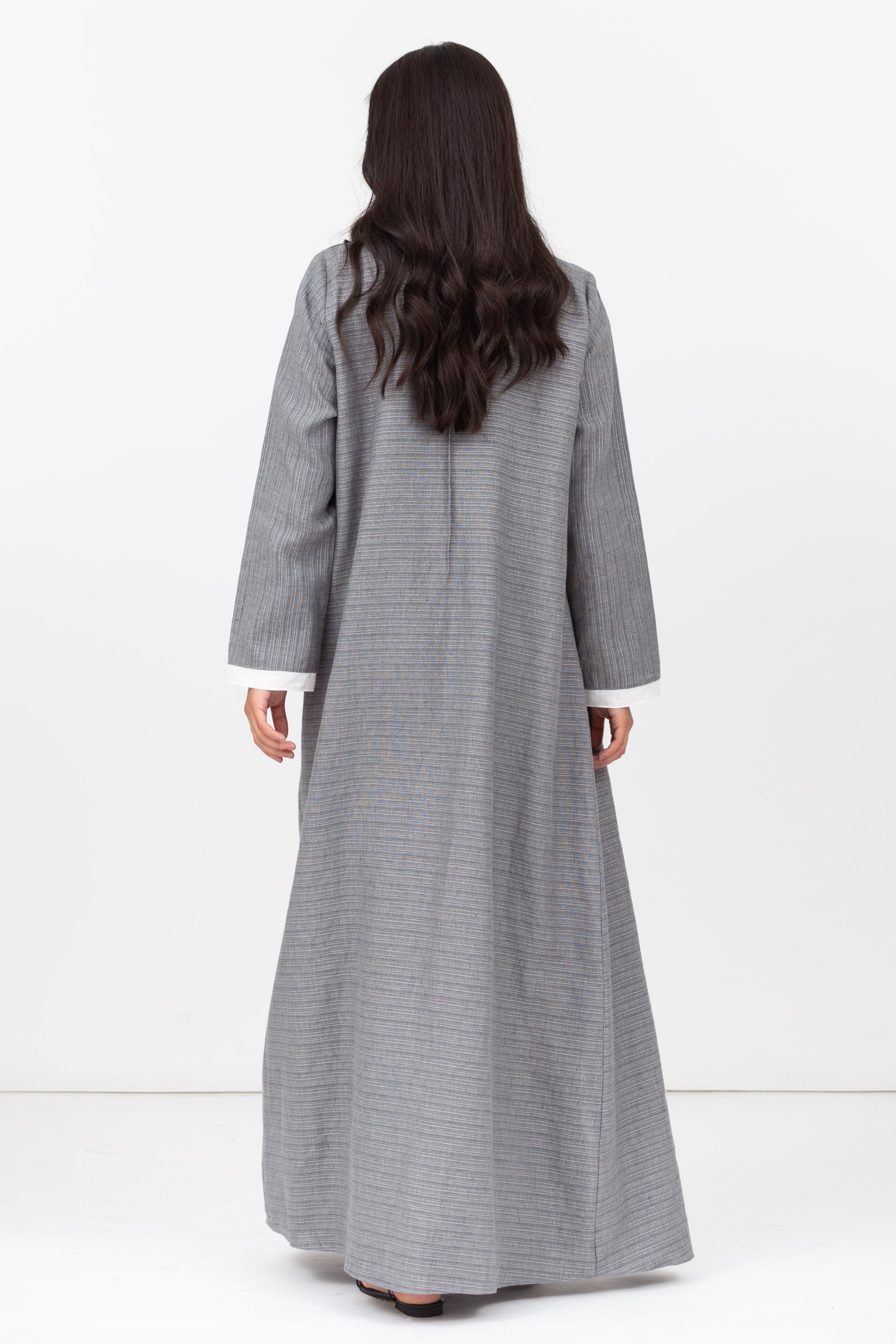 Loose Double Collar Linen Abaya in Grey
