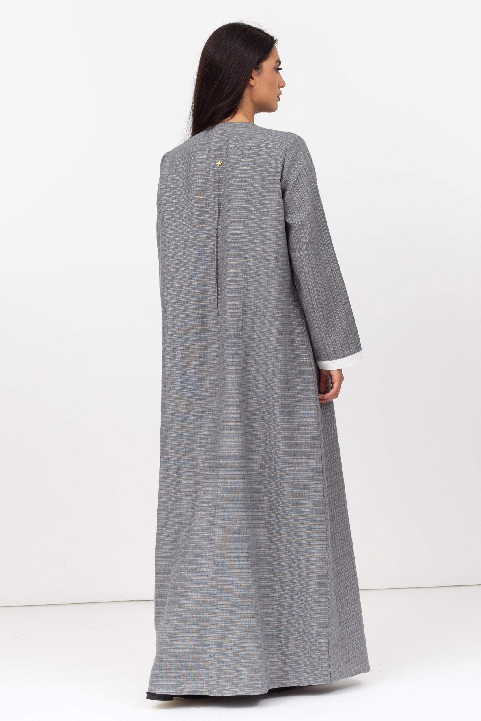 Loose Double Collar Linen Abaya in Grey