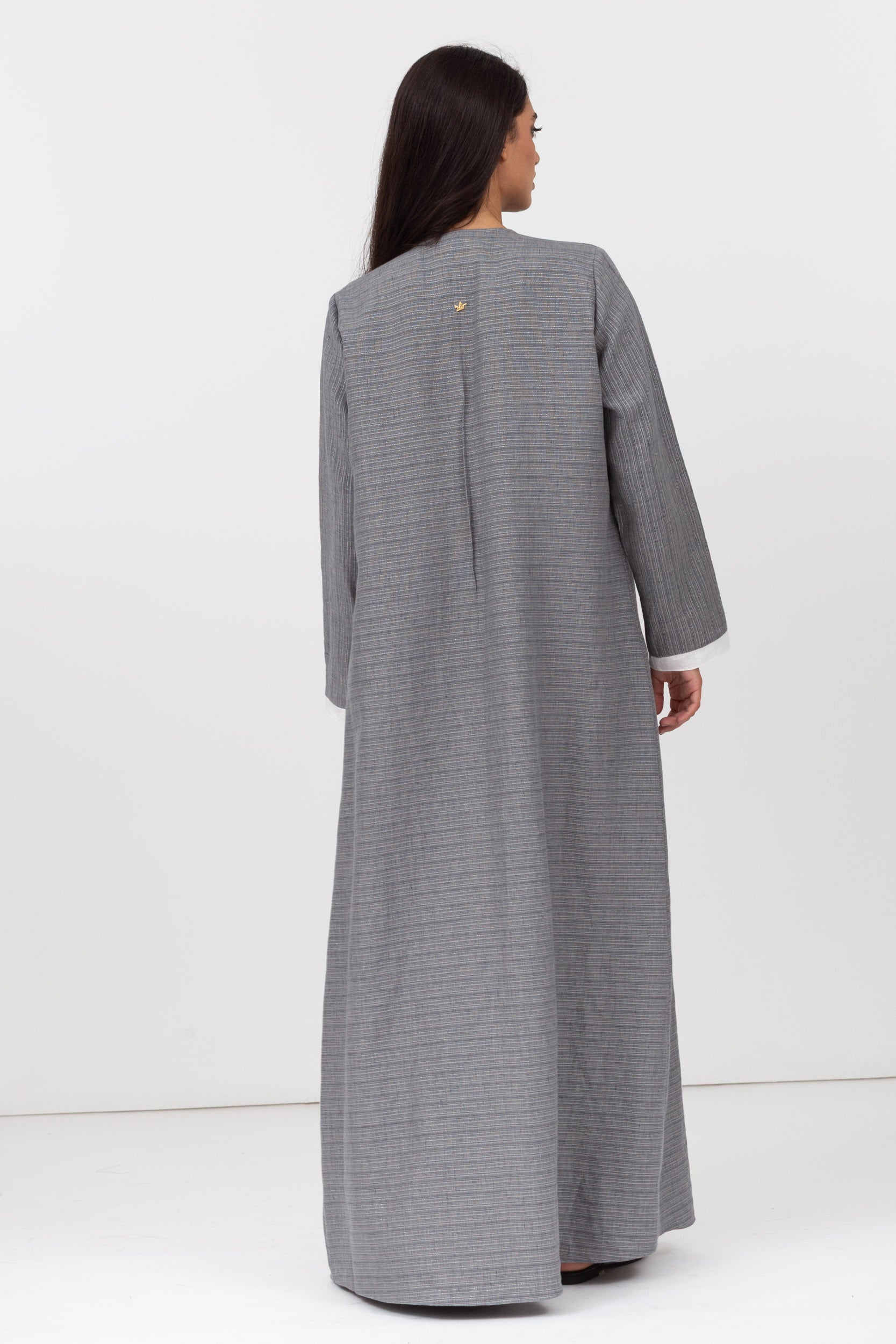 Loose Double Collar Linen Abaya in Grey