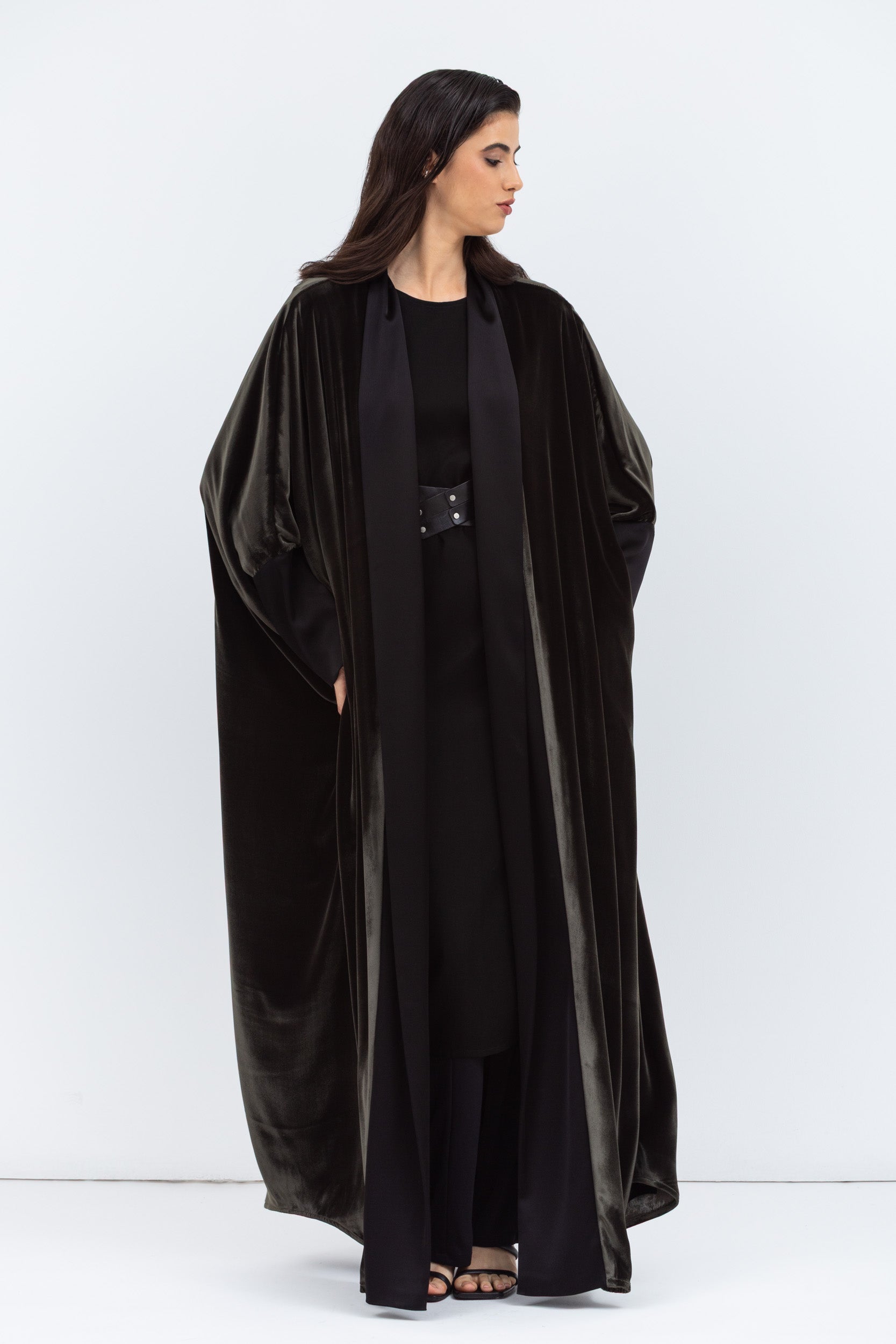 Green Velvet Abaya with Black Satin Trims