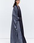 Gray Blue Velvet Abaya with Satin Trims